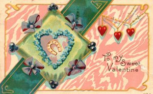 Vintage Postcard 1909 To My Sweet Valentine Three Hearts Magnet Ribbons Hearts