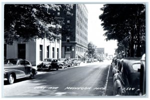 Muskegon Michigan RPPC Photo Postcard Clay Ave. Classic Cars Exterior View 1958