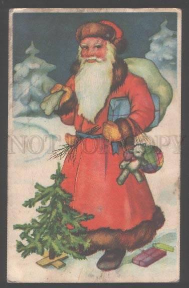 103681 Red-Robed SANTA CLAUS w/ Gifts TEDDY BEAR vintage PC