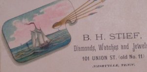 1880s - 90s Watches Jeweler Diamonds B H Stief Nashville Tenn Trade Card