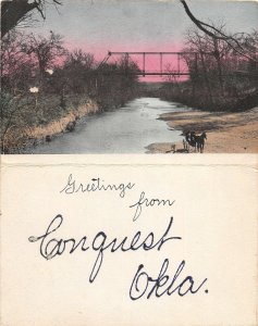 H88/ Conquest Oklahoma Postcard c1910 Bridge 2-Panel Greetings from 181