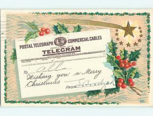 Divided-Back christmas TELEGRAM ON POSTCARD WITH HOLLY r4565