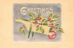 Christmas~Red Green Holly Berry in Wheelbarrow~Silver Back~Deep Emboss~Germany