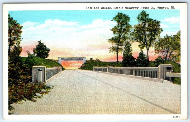 c1940s Nauvoo, ILL Sheridan Bridge Scenic Route Hwy 96 Sunset Linen PC IL A272