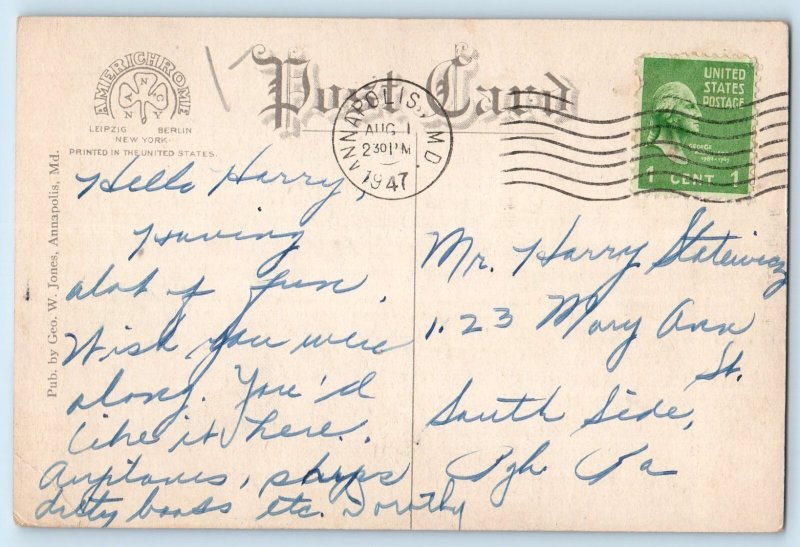 1947 Annapolis Maryland Vintage Postcard Carroll Manor Charles St. Mary's Garden