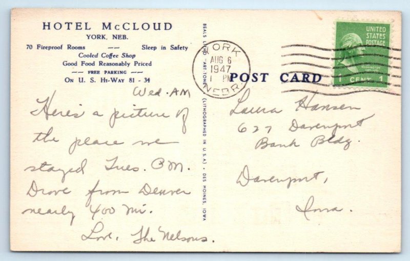 YORK, Nebraska NE ~ Roadside HOTEL McCLOUD 1947 Art Deco Border  Postcard