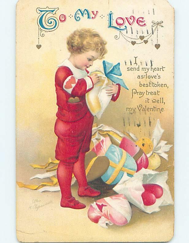 Pre-Linen valentine signed CLAPSADDLE - BOY WRAPS GIFT HEARTS ho3899