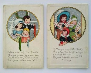 Vintage Christmas Postcards Lot Of 2 Children With Stocking & Gifts Whitney 1920 