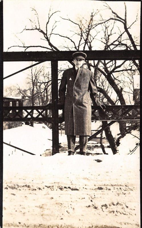 Winslow Illinois~Bert Burby on Indian Creek Bridge~Winter~1912 Real Photo~RPPC 