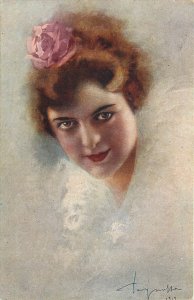 Italian Art Deco Postcard, Auburn Haired Beauty w/ Direct Gaze, Artist Signed