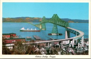 Vtg Astoria Oregon OR Ship passing under Columbia River Bridge 1960s Postcard