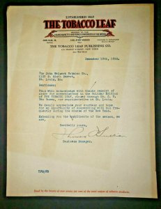 1933 The Tobacco Leaf Letterhead New York Signed Letter Weisert