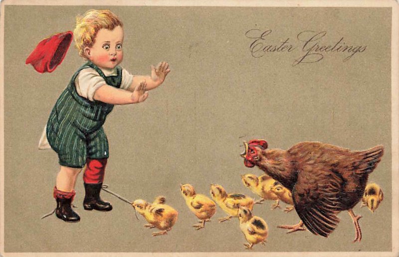 c1910 Cute Boy Angry Chicken Chicks Germany Easter P355