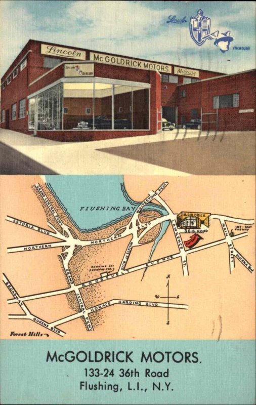 Flushing Queenc NY McGoldrick Motors LINEN CAR DEALERSHIP Postcard