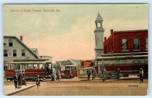 FAIRFIELD, ME Maine ~ Street Scene TROLLEY CARS c 1910s Railroad Postcard