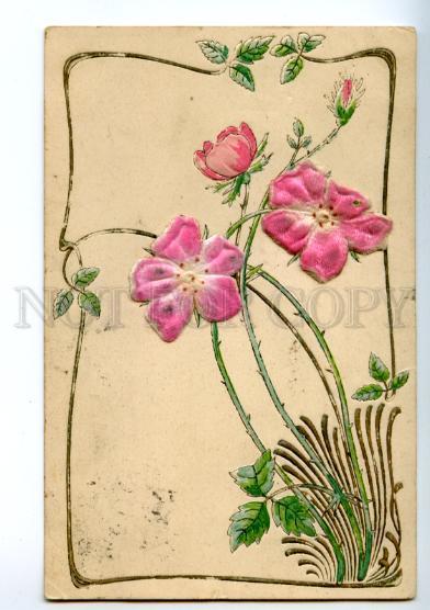 139975 ART NOUVEAU Greeting SILK Flowers vintage RARE PC