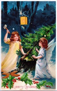 Vintage 1910's Vintage Christmas Antique Postcard Small Angels & Christmas Tree