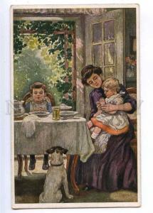 190093 Tischgebet GERMANY Mother w/ Kids DOG Vintage postcard