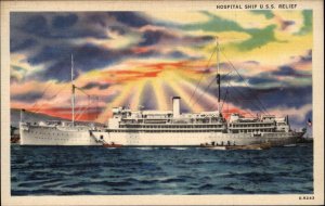 WWII Era Hospital Ship USS Relief at Sunrise Linen Vintage Postcard