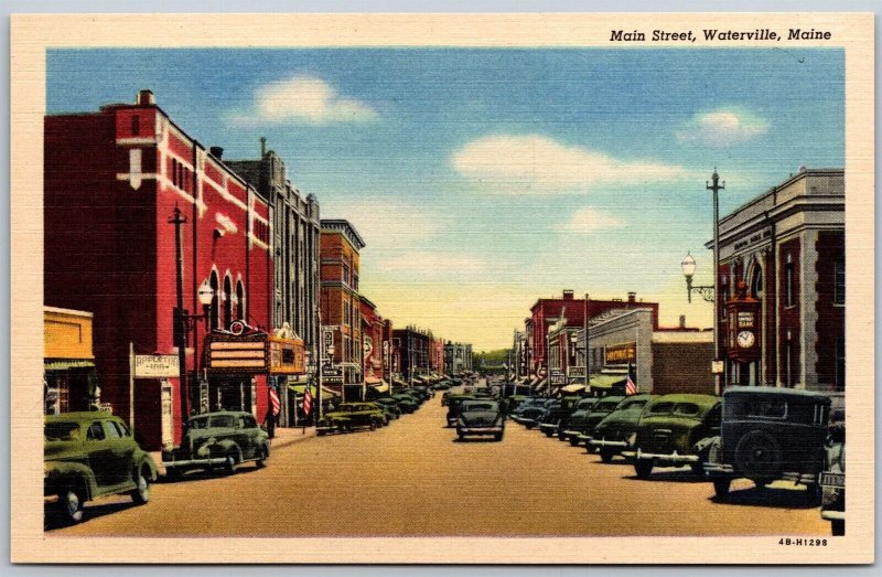 Vtg Waterville Maine ME Main Street View Downtown Old Cars 1940s Linen