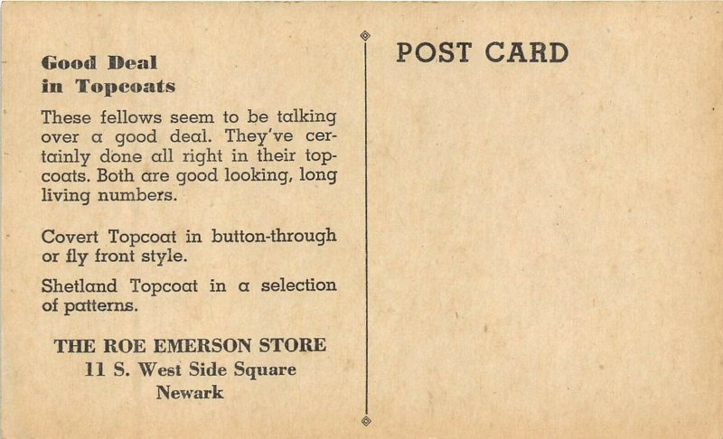 Newark Ohio 1950s Advertising Postcard Roe Emerson Clothing Store Topcoats