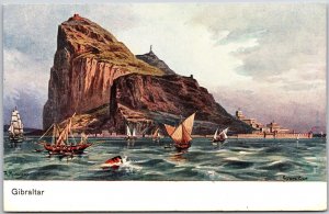 Gibraltar Sailboats Rocky Cliff & Buildings In The Distance Postcard