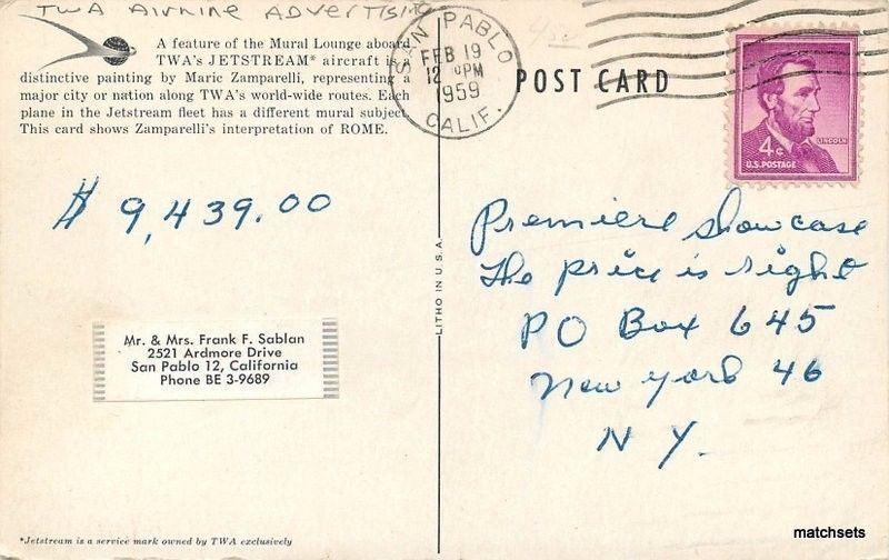 1959 Airline Advertising TWA's Jet Stream postcard 13178