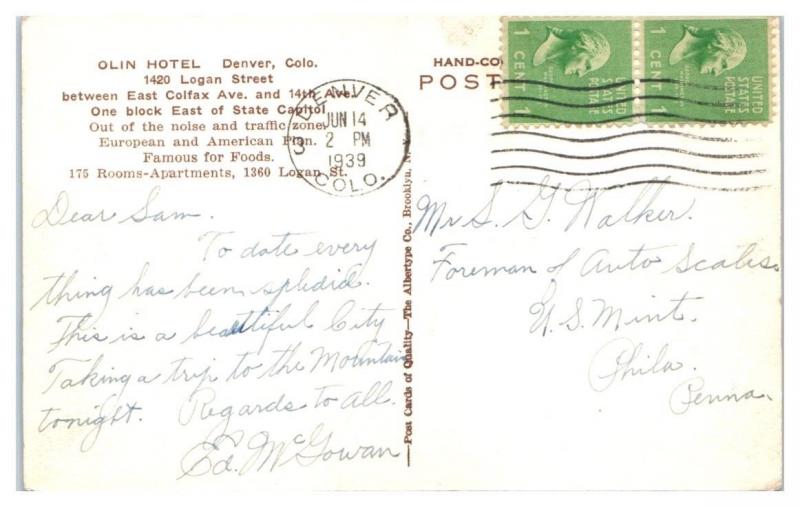 1939 Olin Hotel, Denver, CO Hand-Colored Postcard