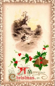 Vintage 1912 John Winsch Mother, Child, Bells & Snow Antique Christmas Postcard
