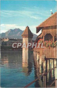 Old Postcard Lucerne Chapel Bridge With Water-Tower and Mt Piratus