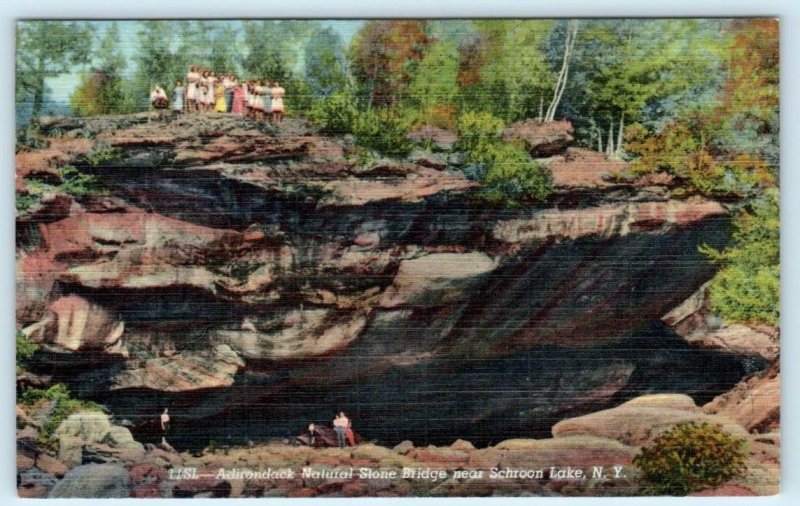 Adirondack NATURAL STONE BRIDGE near Schroon Lake, POTTERSVILLE, NY 1940s Linen