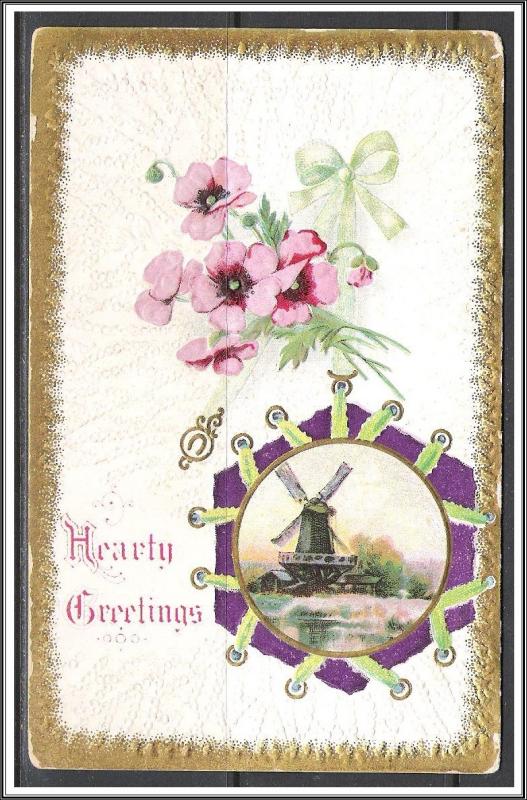 Hearty Greetings - Windmill - Flowers - Embossed - [MX-144]
