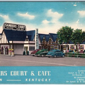 c1940s Corbin KY Sanders Court Cafe Linen Postcard Motel Gas Sign Pure Steam A89