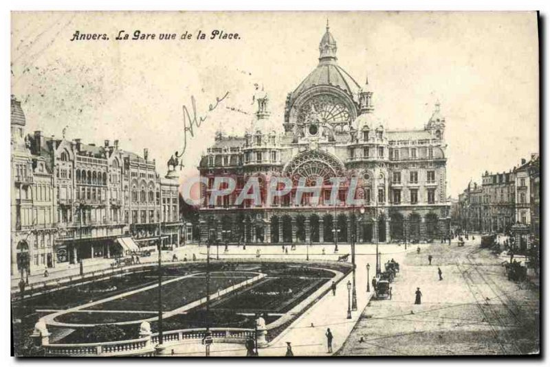 Old Postcard Antwerp train station to the square