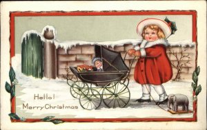 Christmas Children Baby Carriage Embossed Whitney c1910s Postcard