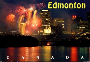 Canada Edmonton Skyline At Night With Fireworks Display