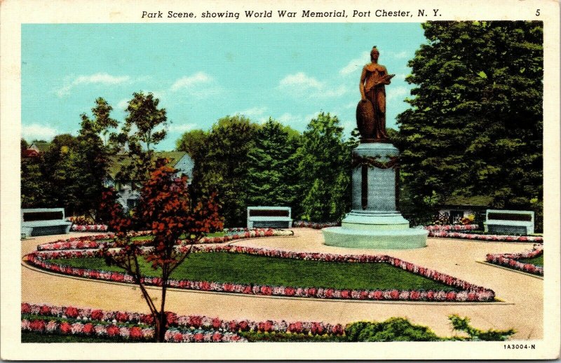 Vtg Park Scene Monument Statue World War I Memorial WWI Port Chester NY Postcard