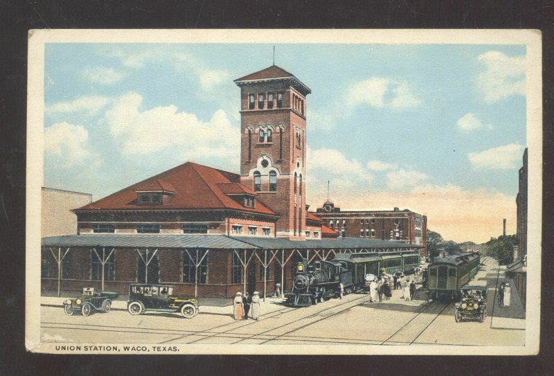 WACO TEXAS UNION RAILROAD DEPOT TRAIN STATION OLD CARS VINTAGE POSTCARD