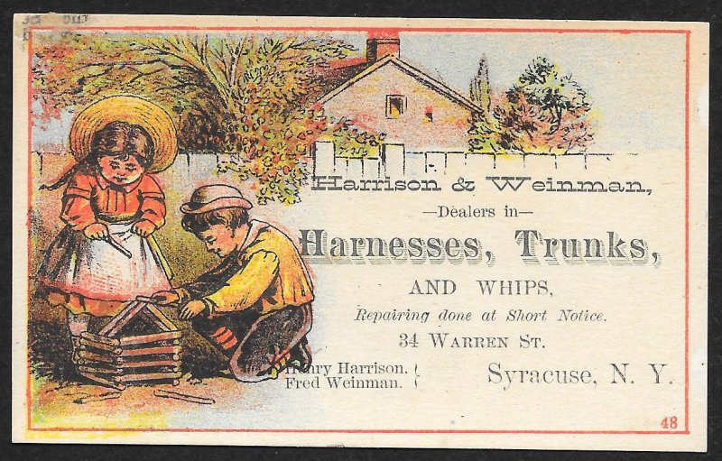 VICTORIAN TRADE CARD Harrison & Weinman Harnesses & Trunks Boy & Girl Playing