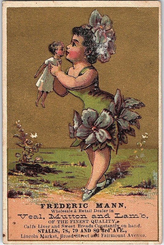 1880's Frederic Mann Lovely Girl Flower Dress Victorian Trade Card P134