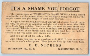 1933 Washington Stamp News Subscribers C E Nickles Washington DC Postal Card