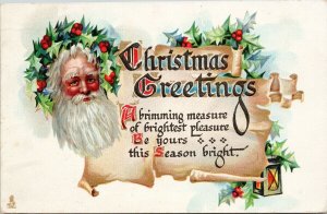 Christmas Greetings Santa Claus  Xmas Wreath Tuck 525 F. Brundage Postcard G30