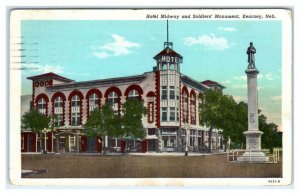 KEARNEY, NE Nebraska ~ HOTEL MIDWAY & Soldiers' Monument 1952 Postcard