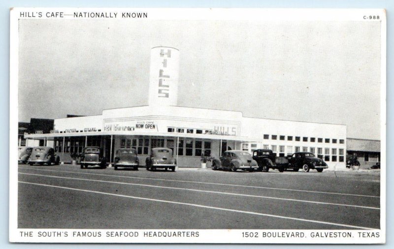 GALVESTON, TX Texas ~ 1941 ~ HILL'S SEAFOOD CAFE  c1940s Cars Roadside Postcard