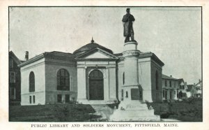 Vintage Postcard 1910's Public Library & Soldiers Monument Pittsfield Maine ME