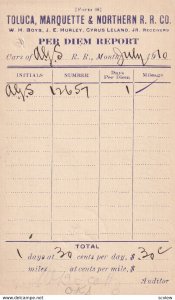 Toluca, Marquette And Northern R.R. Co. Per Diem Report Card, PU-1910