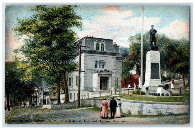 c1910 First National Bank Soldiers Monument Ossining-Hudson New York NY Postcard