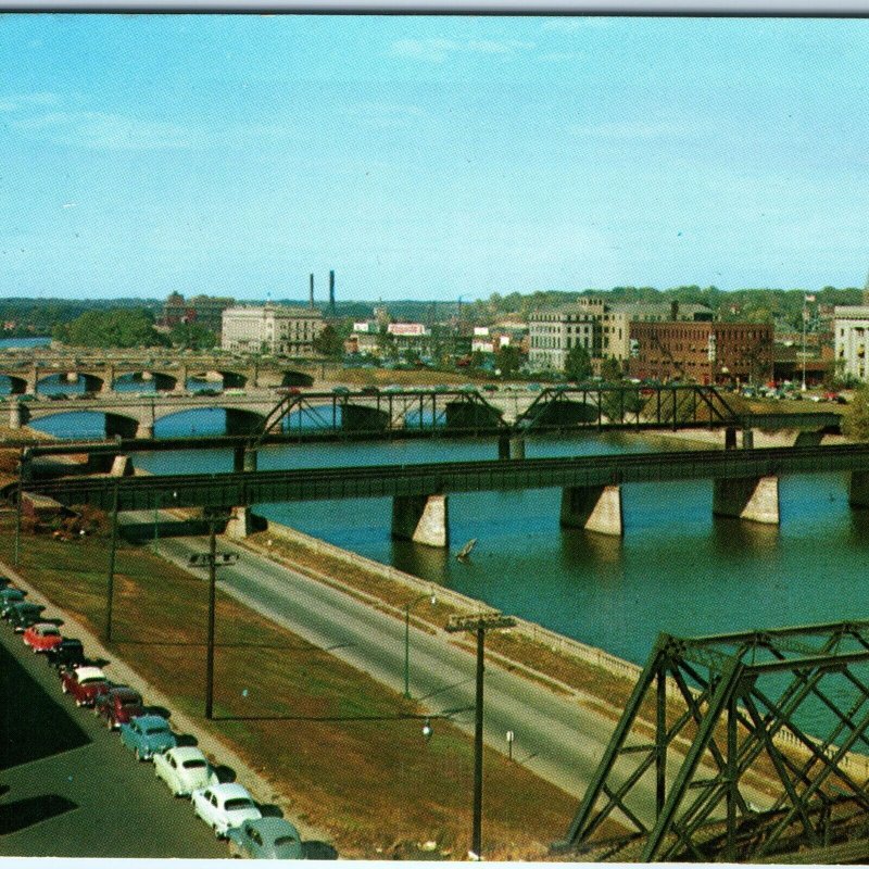 c1950s Des Moines, IA Downtown Birds Eye River Bridges Railway Car Food PC A318