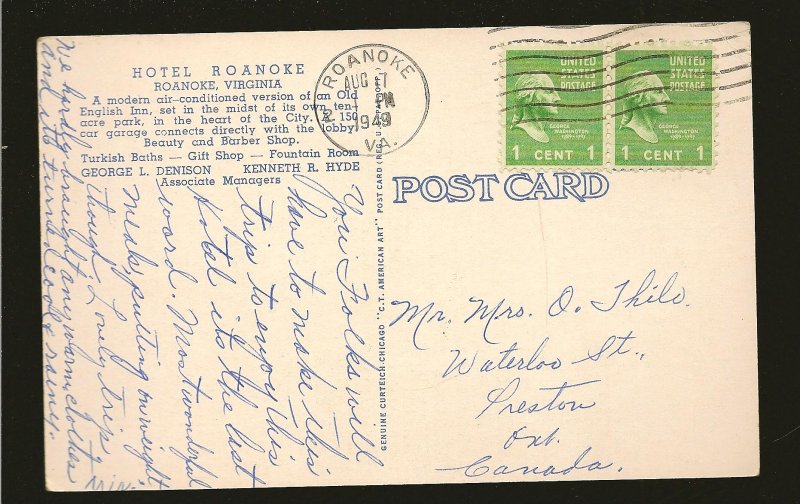 USA Postmark 1949 Roanoke VA Hotel Roanoke Virginia Linen Postcard