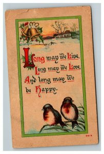 Vintage 1910 Christmas Postcard Cute Song Birds Gold Bells Mistletoe Holly Berry
